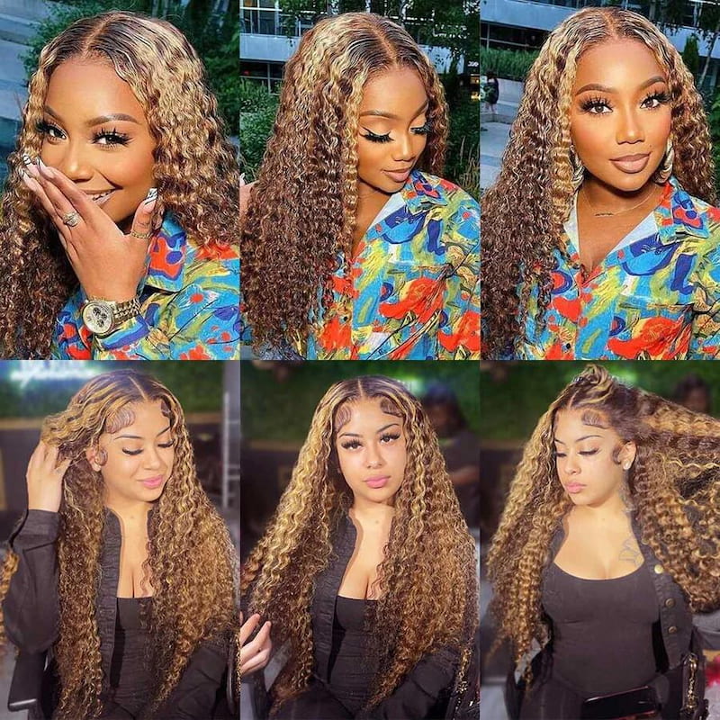 Mixed Highlight Piano Color Deep Wave Wig Transparent Lace Front Wig