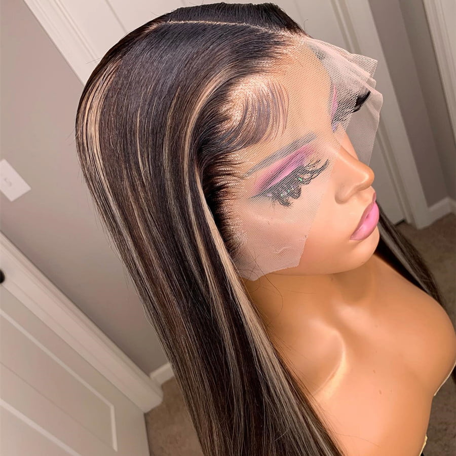 Honey Blonde Highlight 13x4 Transparent Lace Frontal Wig Pre Plucked Hairline