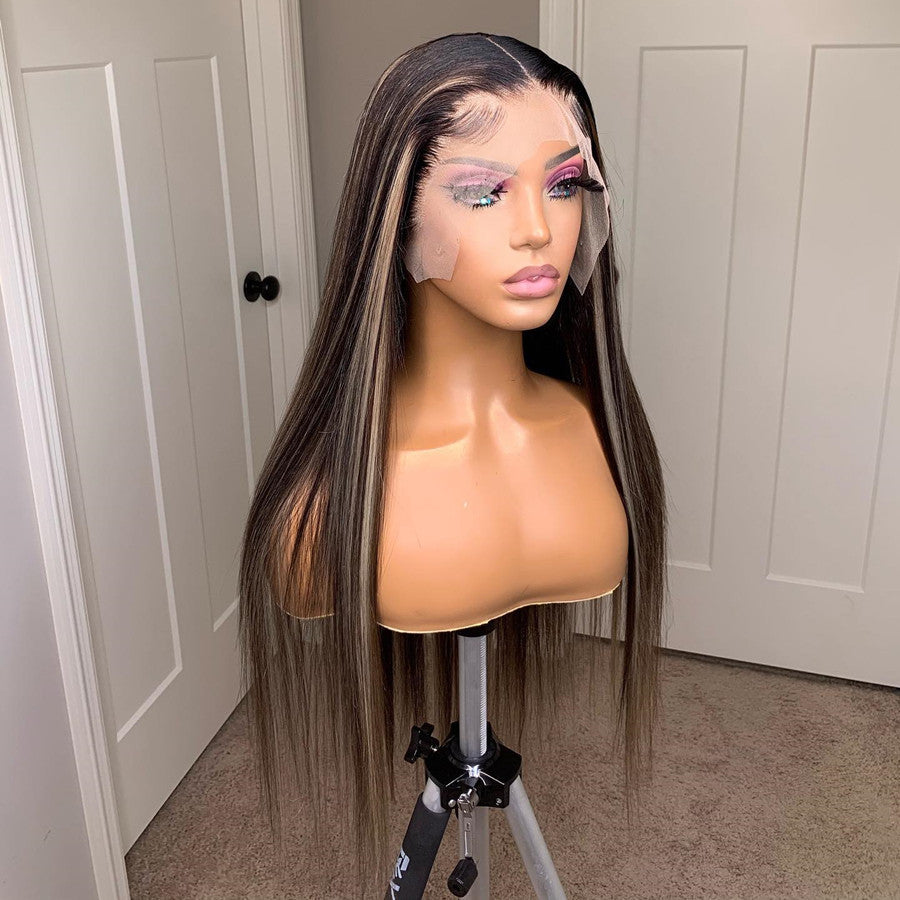 Honey Blonde Highlight 13x4 Transparent Lace Frontal Wig Pre Plucked Hairline