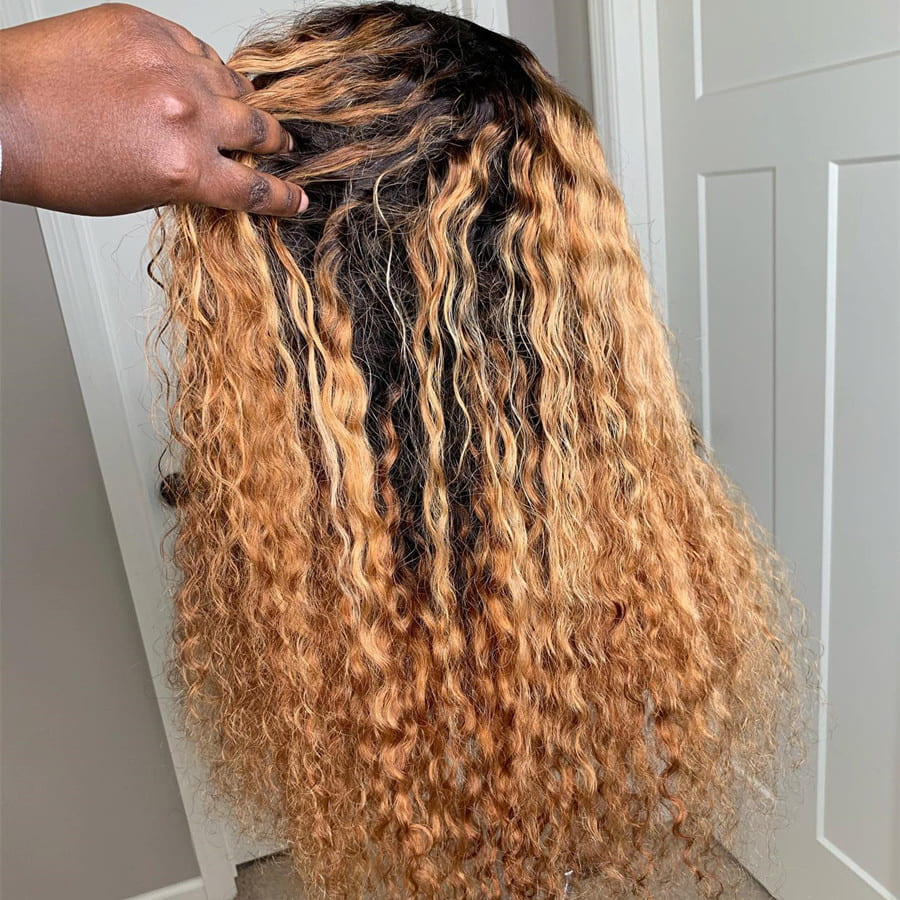 Black Roots Ombre Honey Blonde Loose Curly 4x4/5x5 Transparent Swiss Lace Wig