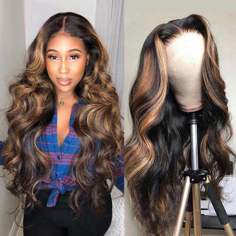 Black Roots Ombre Brown With Highlights 4x4/5x5 Transparent Lace Closure Wig
