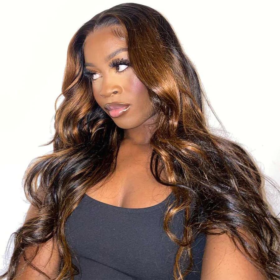 Black Roots Ombre Brown With Highlights 4x4/5x5 Transparent Lace Closure Wig