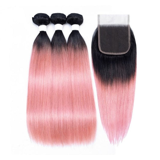 Ombre Pink Silky Straight Hair Extensions 3 Bundles with 4x4 Lace Closure Free Part