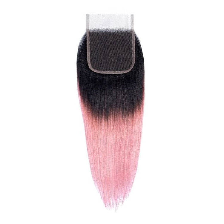 Ombre Pink Silky Straight Hair Extensions 3 Bundles with 4x4 Lace Closure Free Part