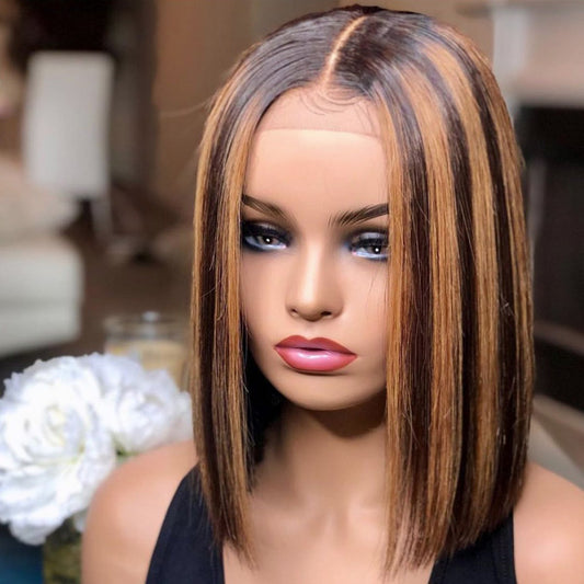 Ombre Highlight Front Lace Bob Wig Straight 180% Density Human Hair Wigs