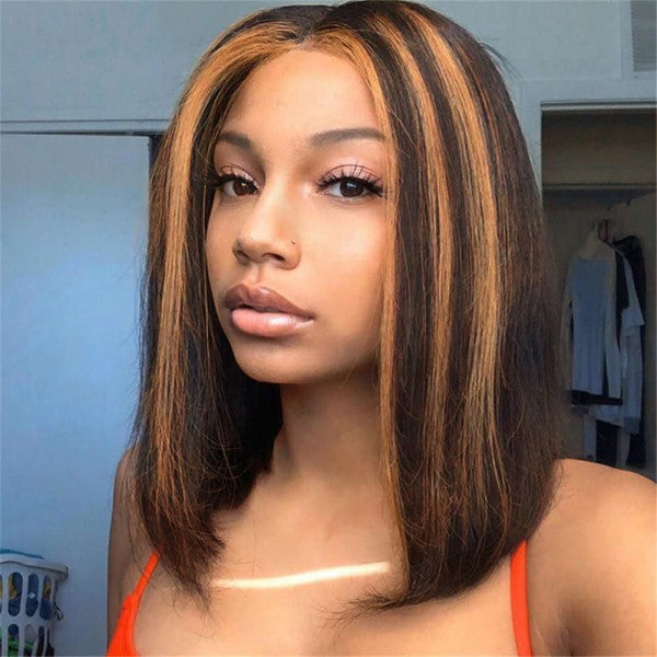 Ombre Highlight Front Lace Bob Wig Straight 180% Density Human Hair Wigs