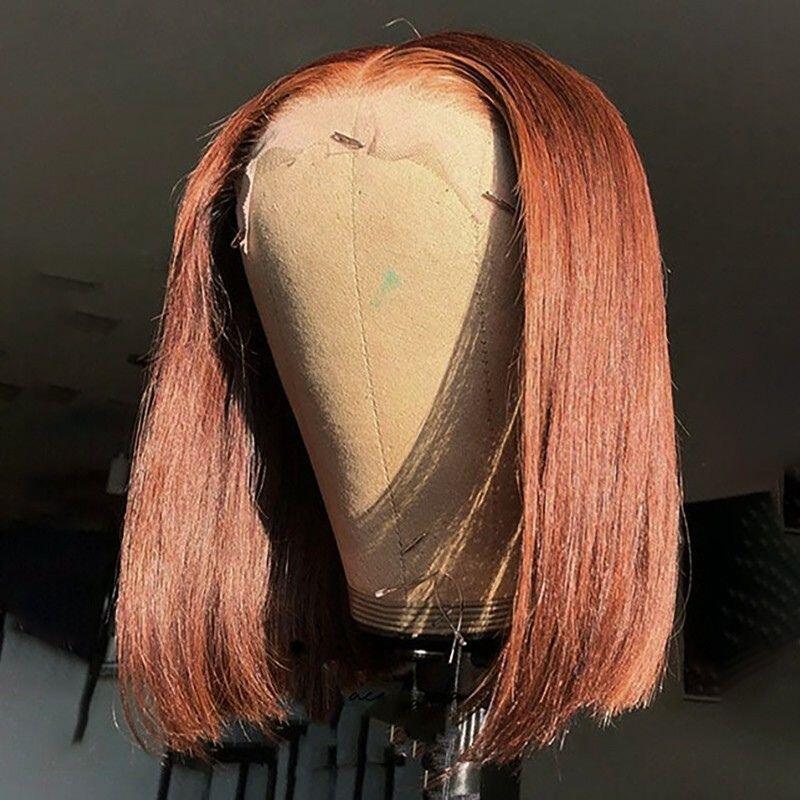 Reddish Brown Short Front Lace Bob Wig Transparent Swiss Lace 180% Density
