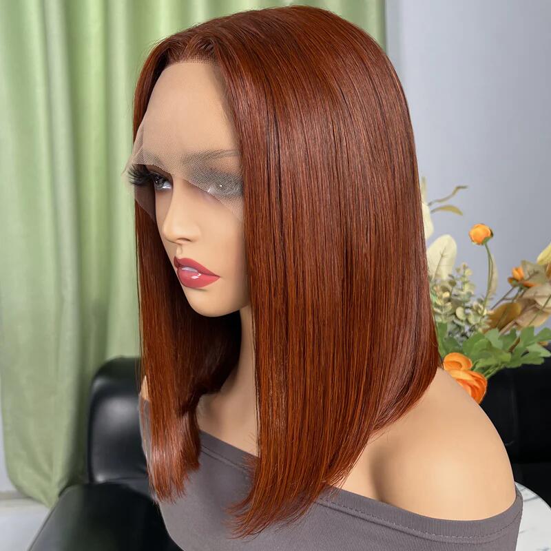 Reddish Brown Short Front Lace Bob Wig Transparent Swiss Lace 180% Density