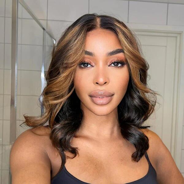 14inch Highlighted Brown Bob Wig 13x4 Lace Frontal Wig Body Wave Wigs