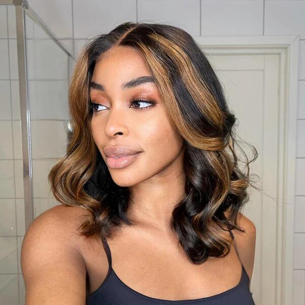 14inch Highlighted Brown Bob Wig 13x4 Lace Frontal Wig Body Wave Wigs