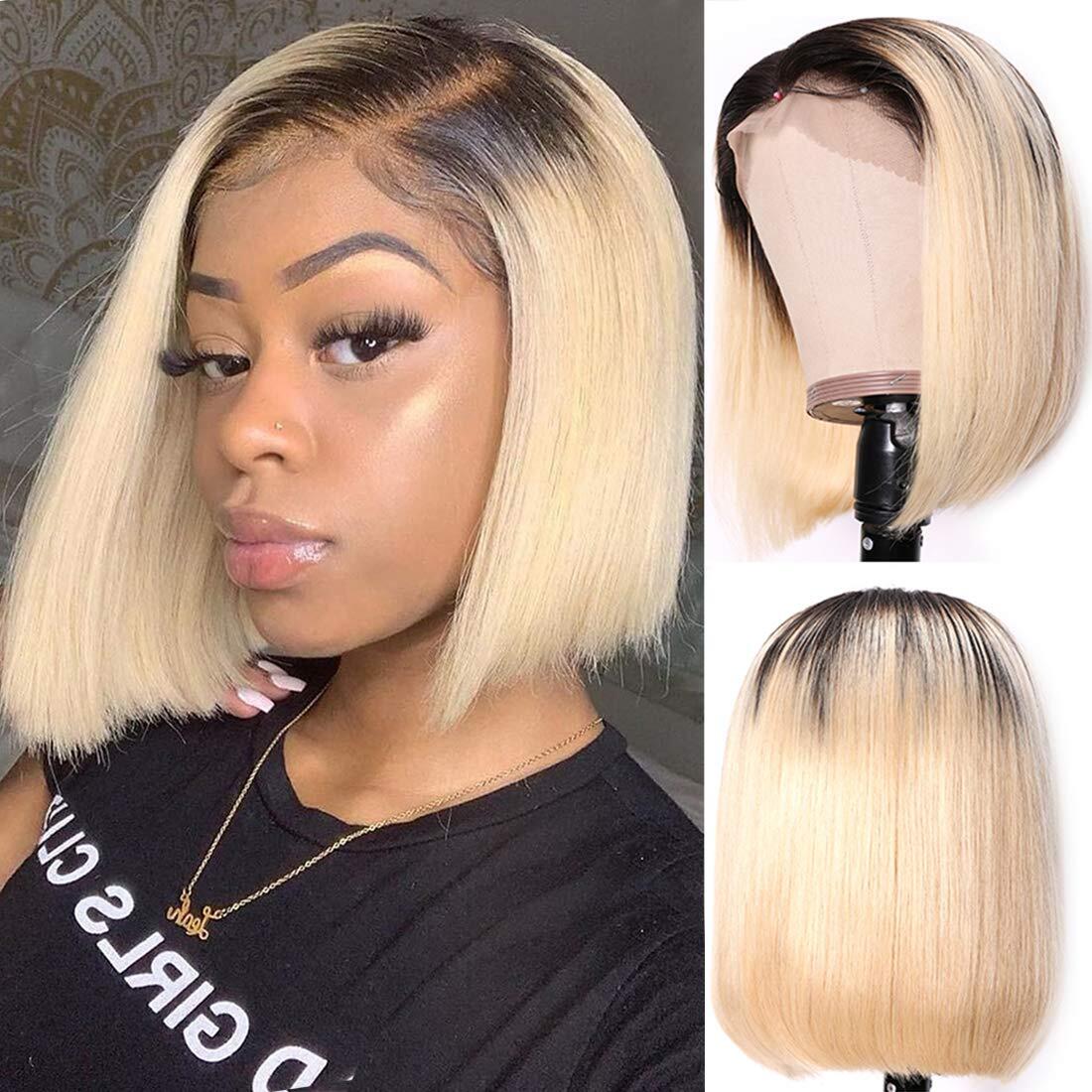 Ombre Blonde T1B/613# Short Bob T4/613# Lace Frontal Wig Straight Hair