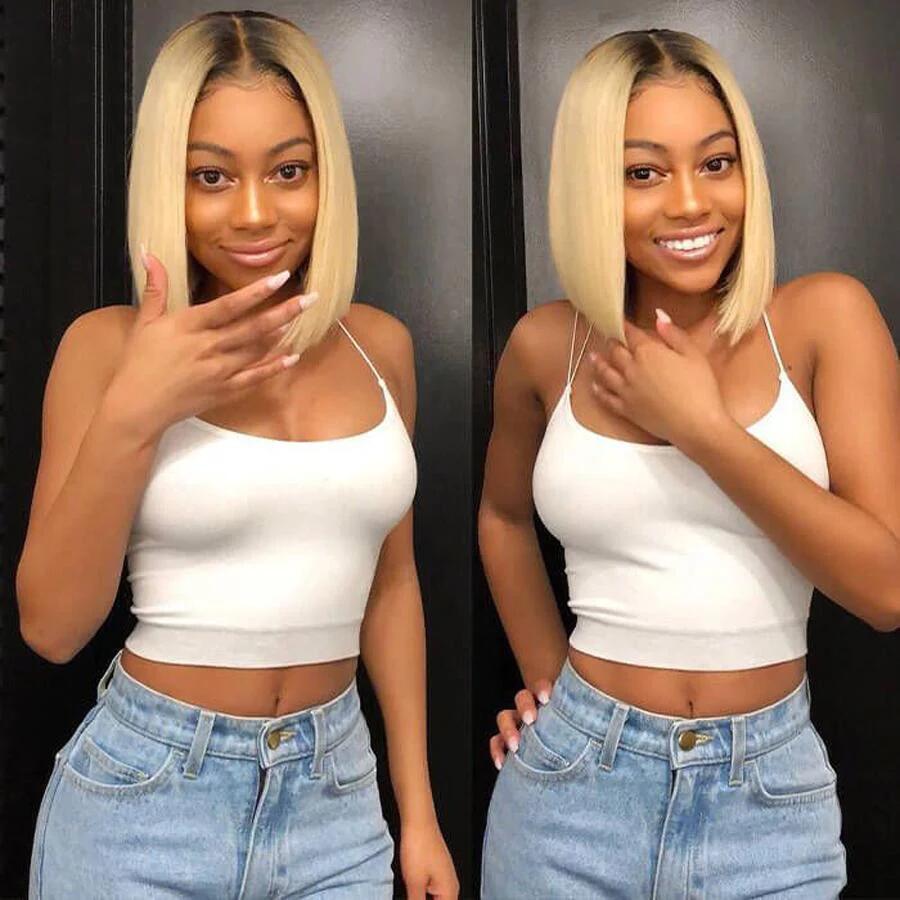 Ombre Blonde T1B/613# Short Bob T4/613# Lace Frontal Wig Straight Hair