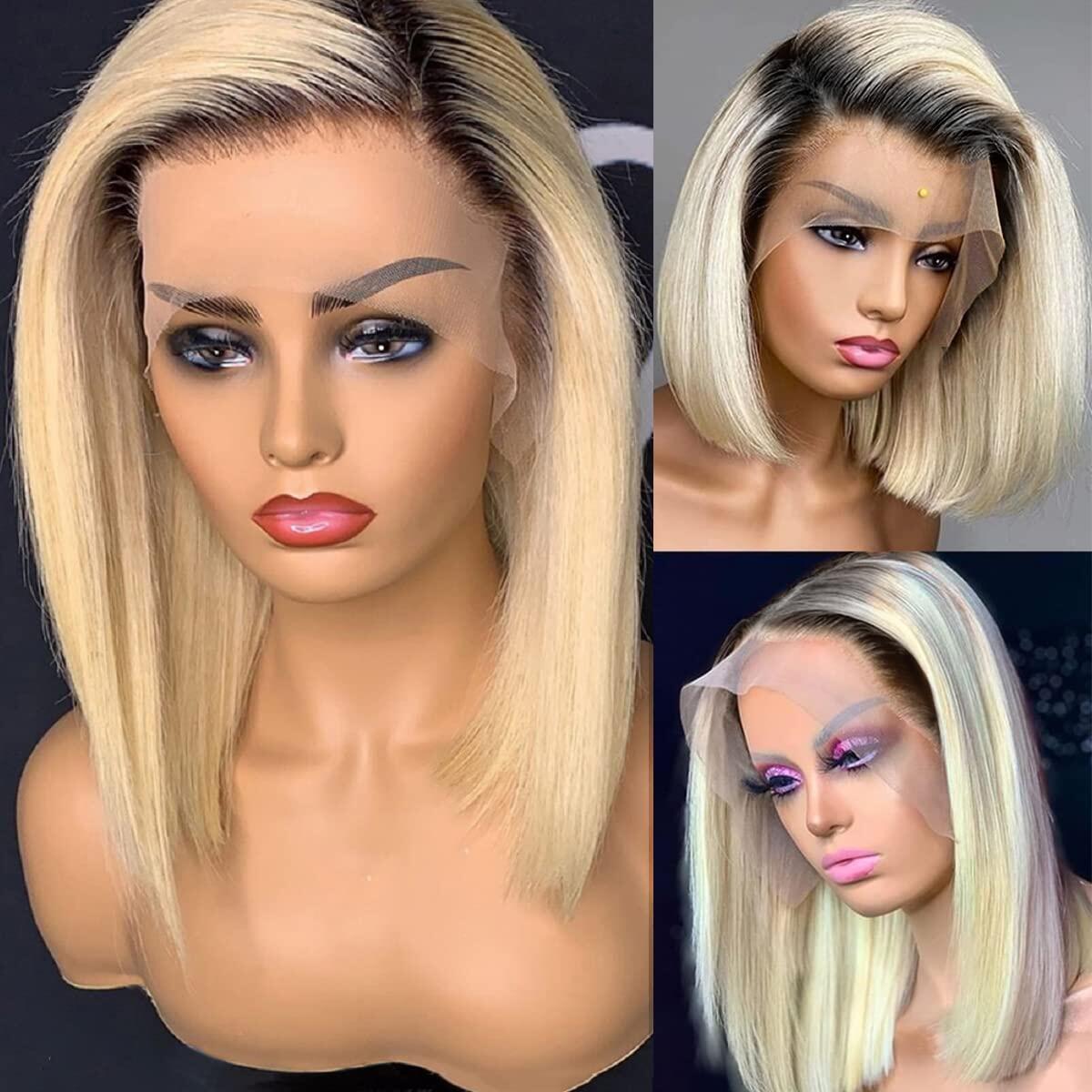 Ombre Blonde T1B/613# Short Bob T4/613# Lace Frontal Wig Straight Hair