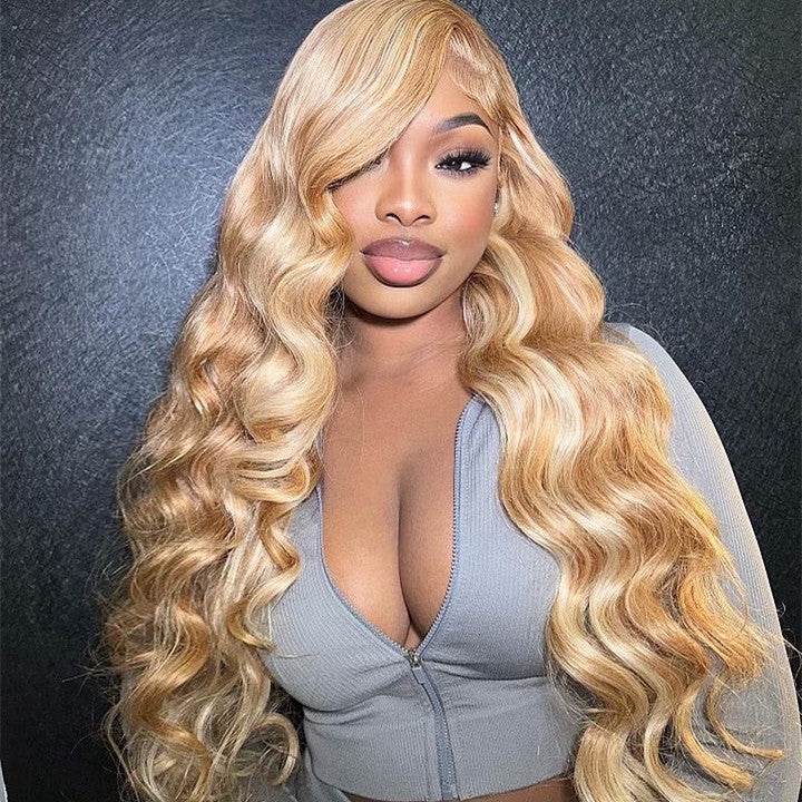 Honey Blonde With 613 Highlights Human Hair Lace Frontal Wig Body Wave