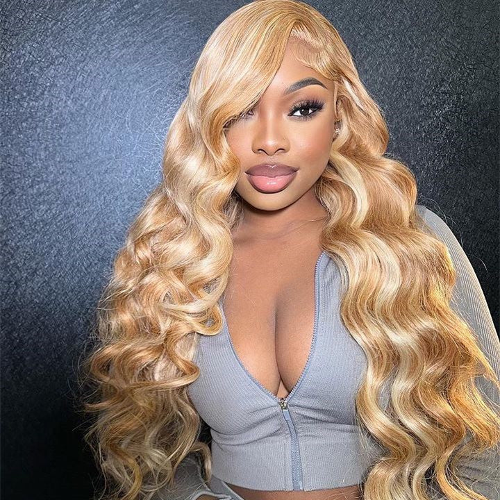 Honey Blonde With 613 Highlights Human Hair Lace Frontal Wig Body Wave