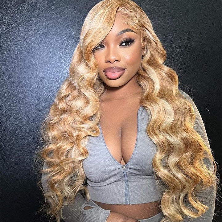 Honey Blonde With 613 Highlights Human Hair Lace Frontal Wig Body Wave