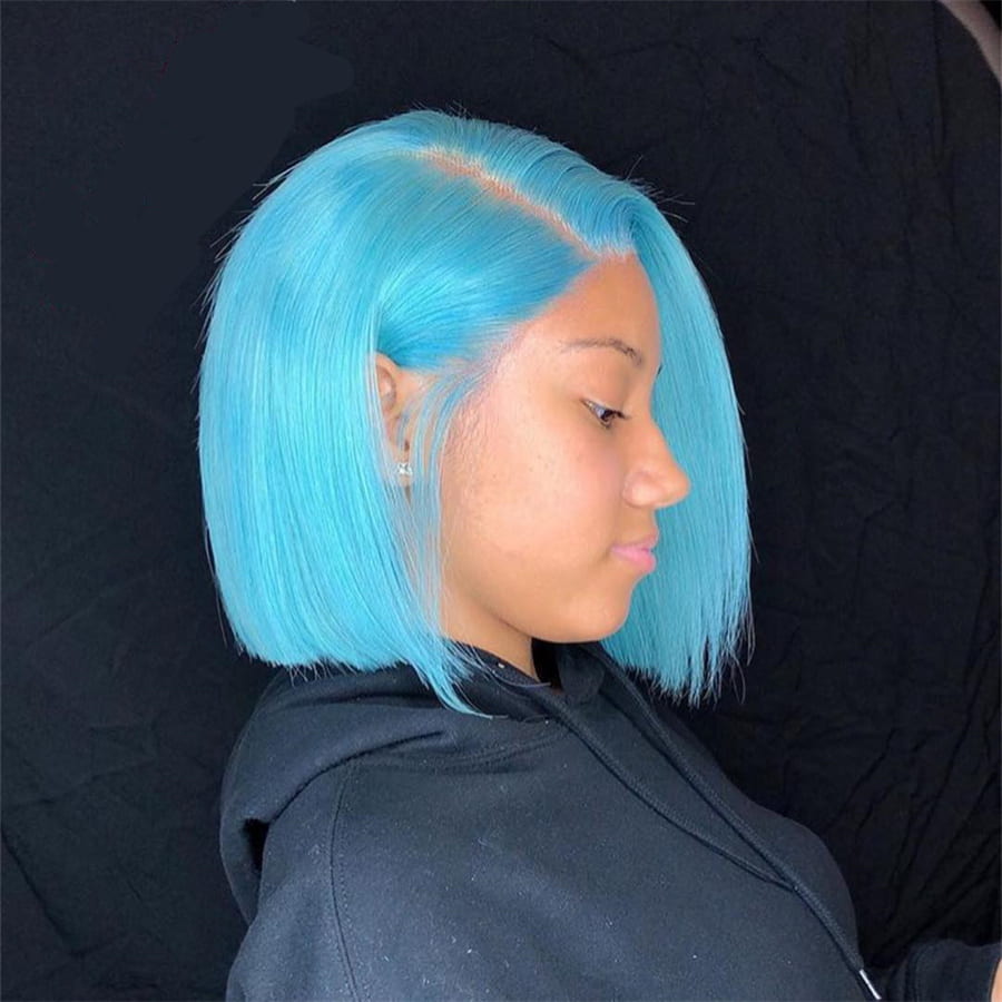 Transparent Lace Pre Colored Side Parted Blue Bob Lace Closure Wig