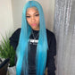 Pre Colored Light Blue Transparent Lace Frontal Wig Straight Human Hair