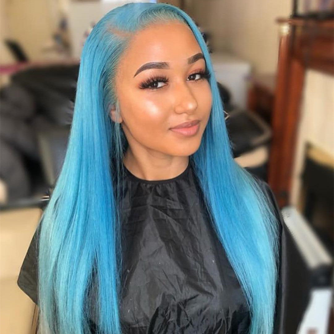 Pre Colored Light Blue Transparent Lace Frontal Wig Straight Human Hair