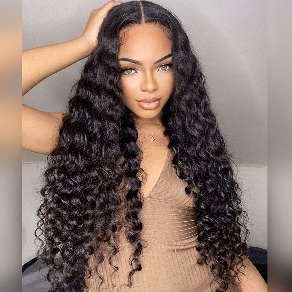 Virgin Human Hair Deep Wave Transparent Swiss Lace Closure Wig