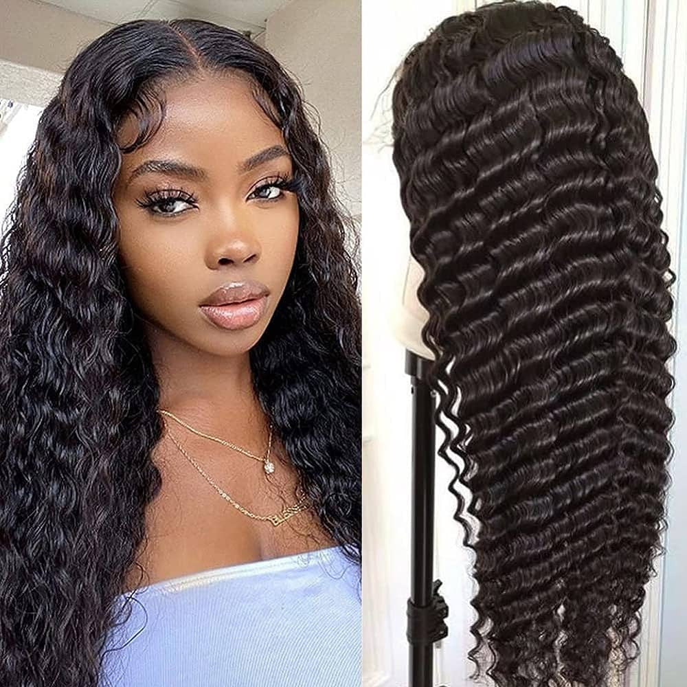 Virgin Human Hair Deep Wave Transparent Swiss Lace Closure Wig