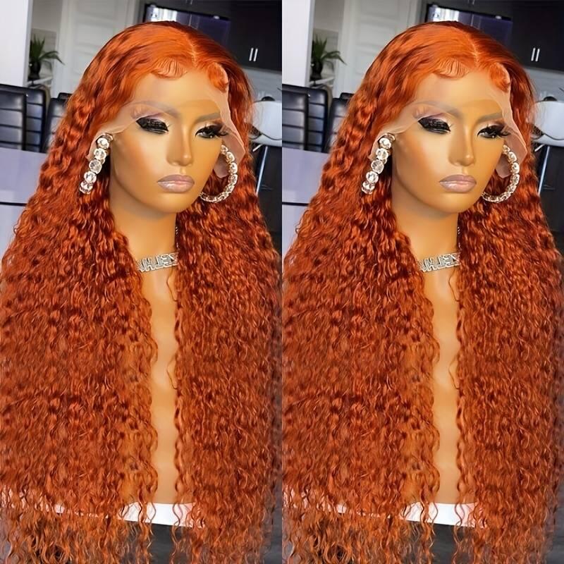 Pre Colored Ginger Orange Deep Curly Human Hair Lace Frontal Wig