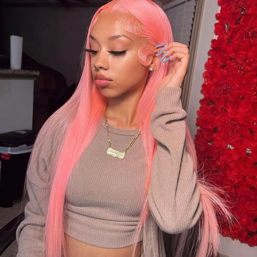 Blue And Pink Color 4x4 Lace Closure Wig Straight Human Hair Wigs