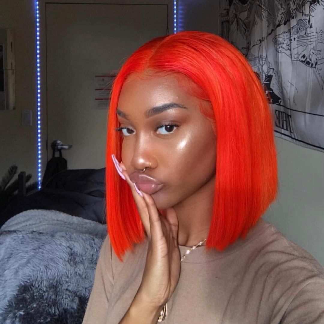 Red Color Human Hair Short Bob Wig Straight Lace Frontal Wig