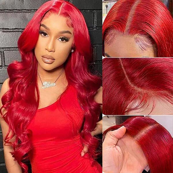 Pre Colored Lace Wig 4x4 Lace Closure Red Color Body Wave Lace Wig