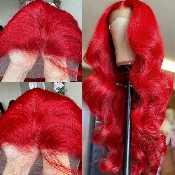 Red Color Transparent Lace Frontal Wig Body Wave Pre Colored Lace Closure Wig