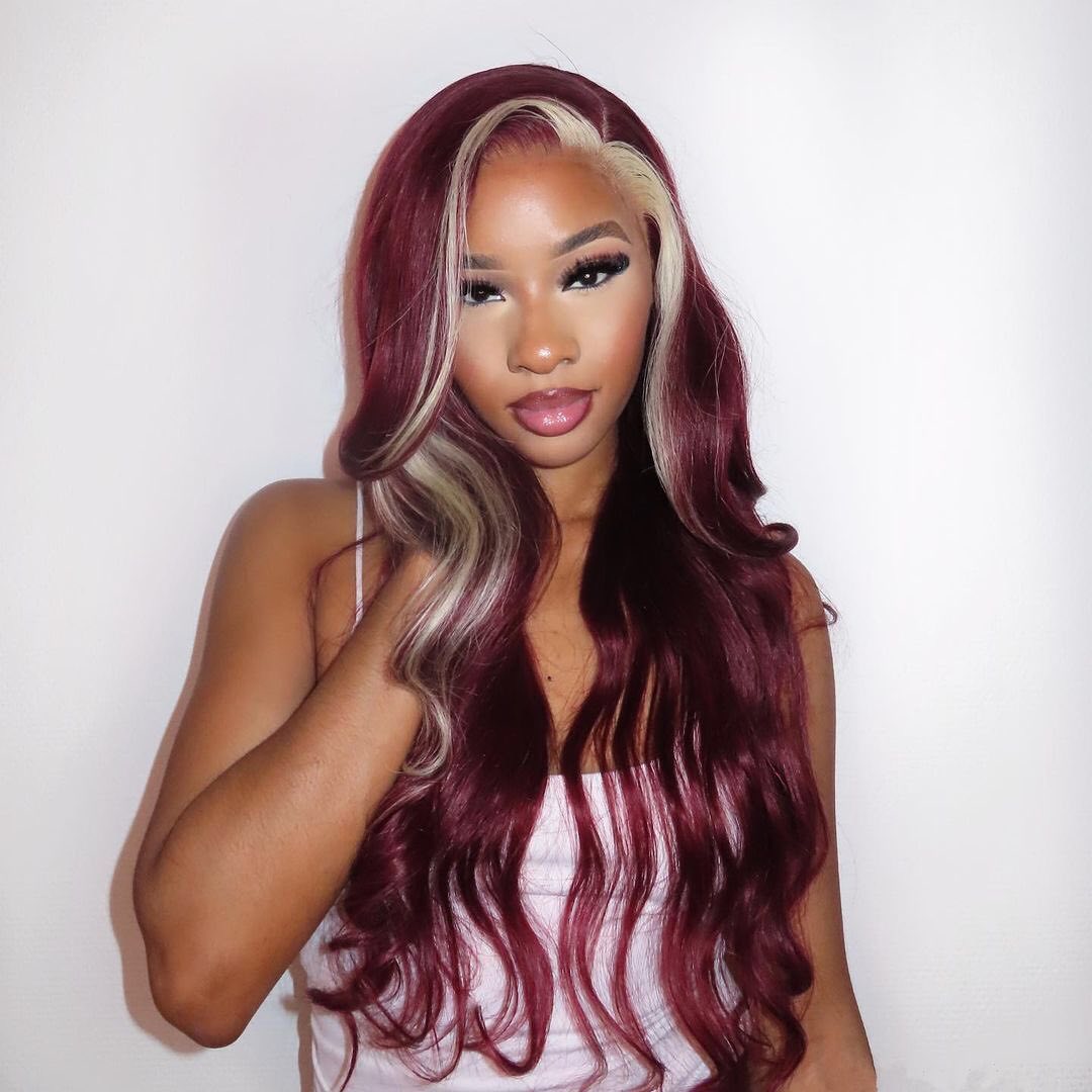 Skunk Strip Burg With Blonde Highlights Body Wave Human Hair Lace Closure Wig