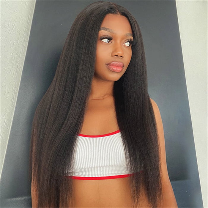 Natural Black Kinky Straight 13x4 Lace Front Wig Italian Yaki Hair