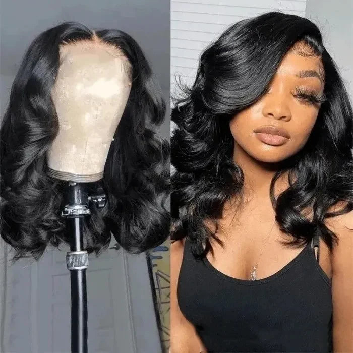 Body Wave Short Bob Wig Natural Black Color Lace Front 13X4 Lace Pre Plucked Hairline