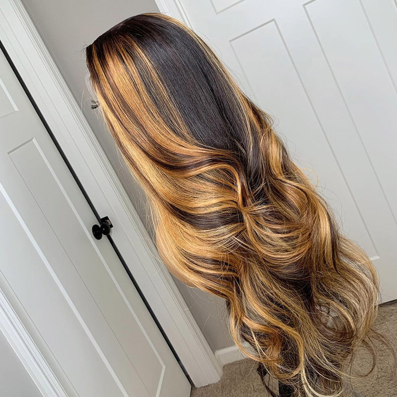Balayage Color Black Roots Transparent Lace Wig Natural Wave Glueless Wig