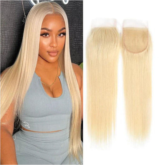 Blonde #613 Color Silky Straight 3 Bundles with 4x4 Transparent Lace Closure