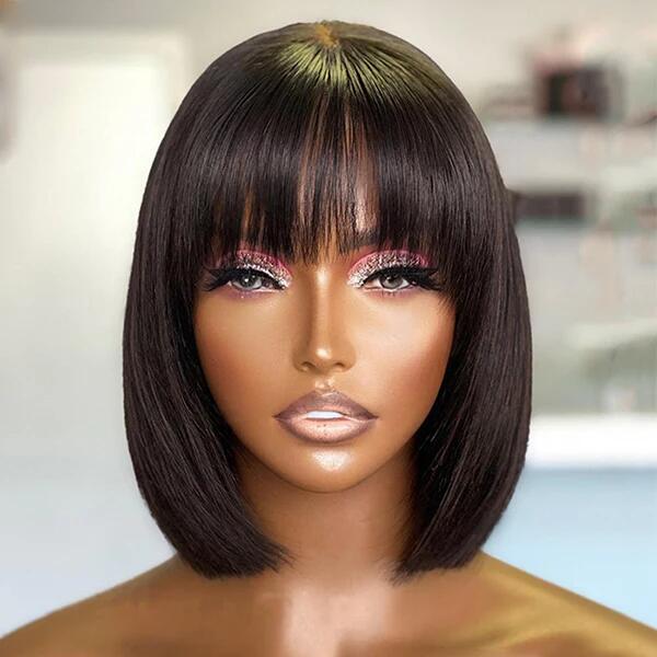 Bob Straight Wig With Bang Transparent Swiss Lace 180% Density Brazilian Hair