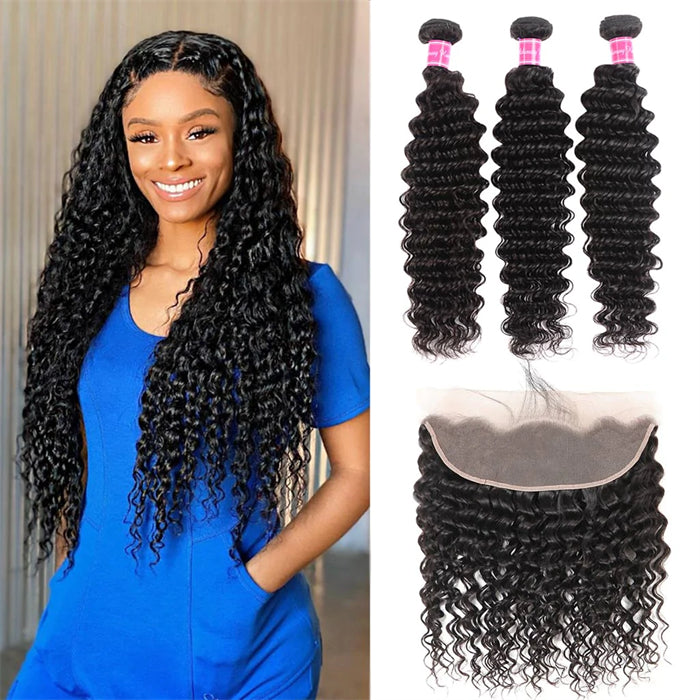 Unprocessed Virgin Hair 3 Bundles Deep Wave with Transparent/HD Lace Frontal