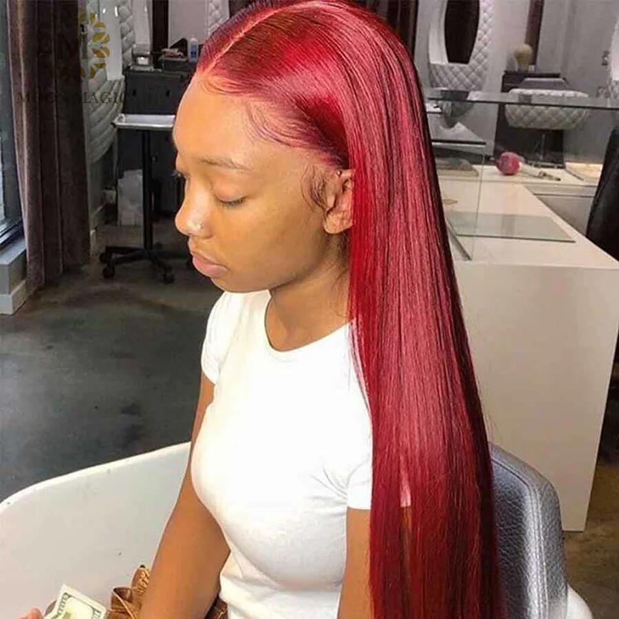 Middle Parted Straight Burg Color Lace Front Wig Transparent Glueless Wig