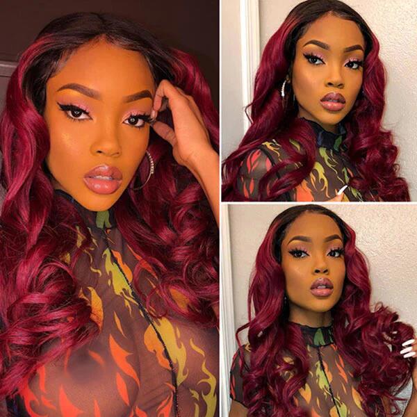 Ombre 99J Color Wig Body Wave 13x6 Lace Front Wig For Women