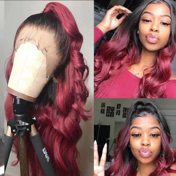 Ombre 99J Color Wig Body Wave 13x6 Lace Front Wig For Women