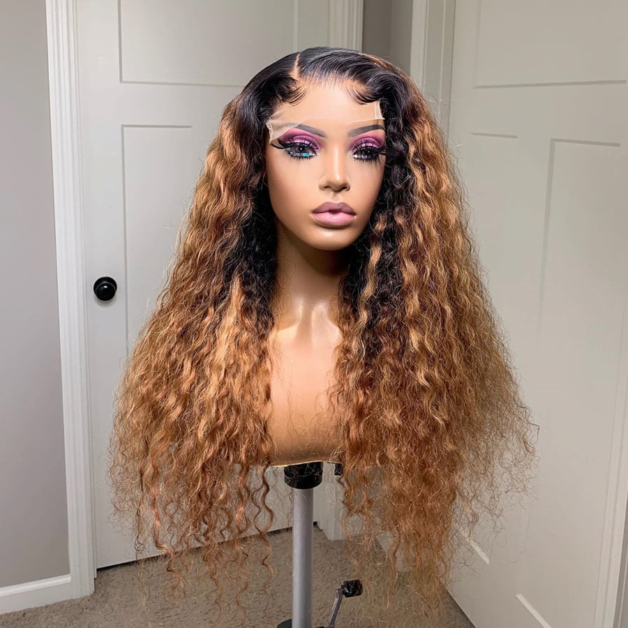 Black Roots Ombre Honey Blonde Loose Curly 4x4/5x5 Transparent Swiss Lace Wig