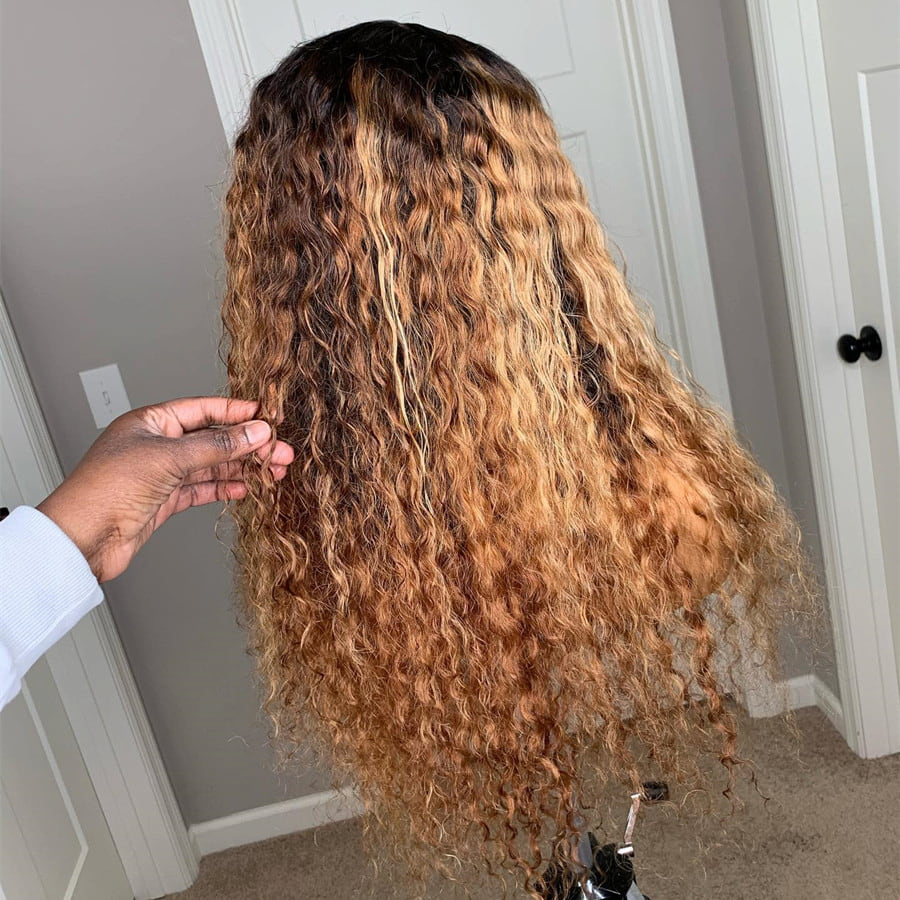 Black Roots Ombre Honey Blonde Loose Curly 4x4/5x5 Transparent Swiss Lace Wig