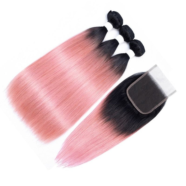 Ombre Pink Silky Straight Hair Extensions 3 Bundles with 4x4 Lace Closure Free Part