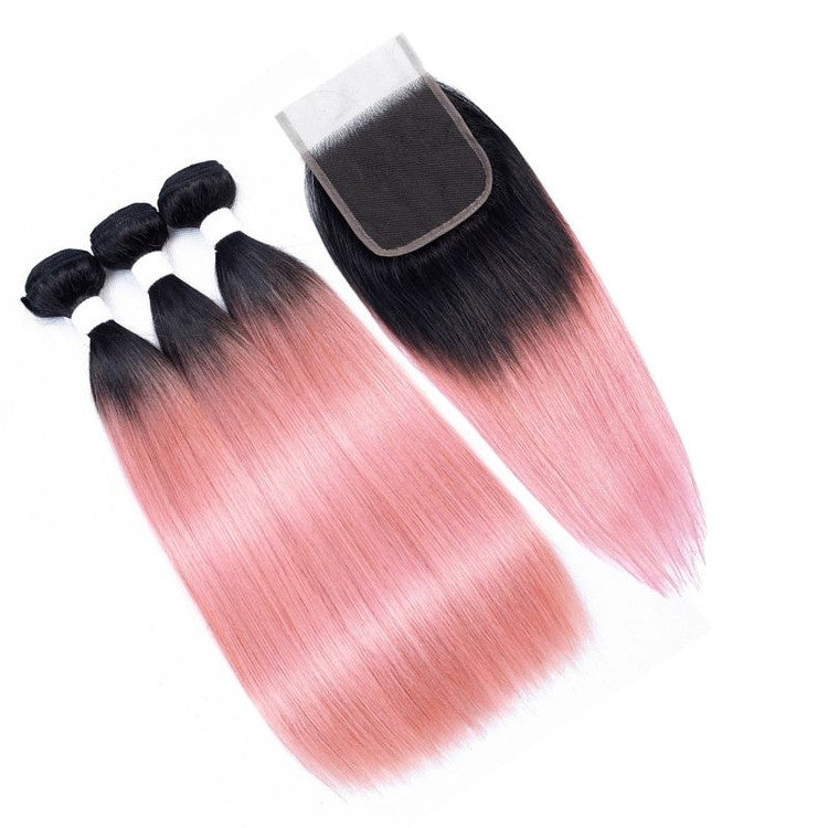 Ombre Pink Silky Straight Hair Extensions 3 Bundles with 4x4 Lace Closure Free Part